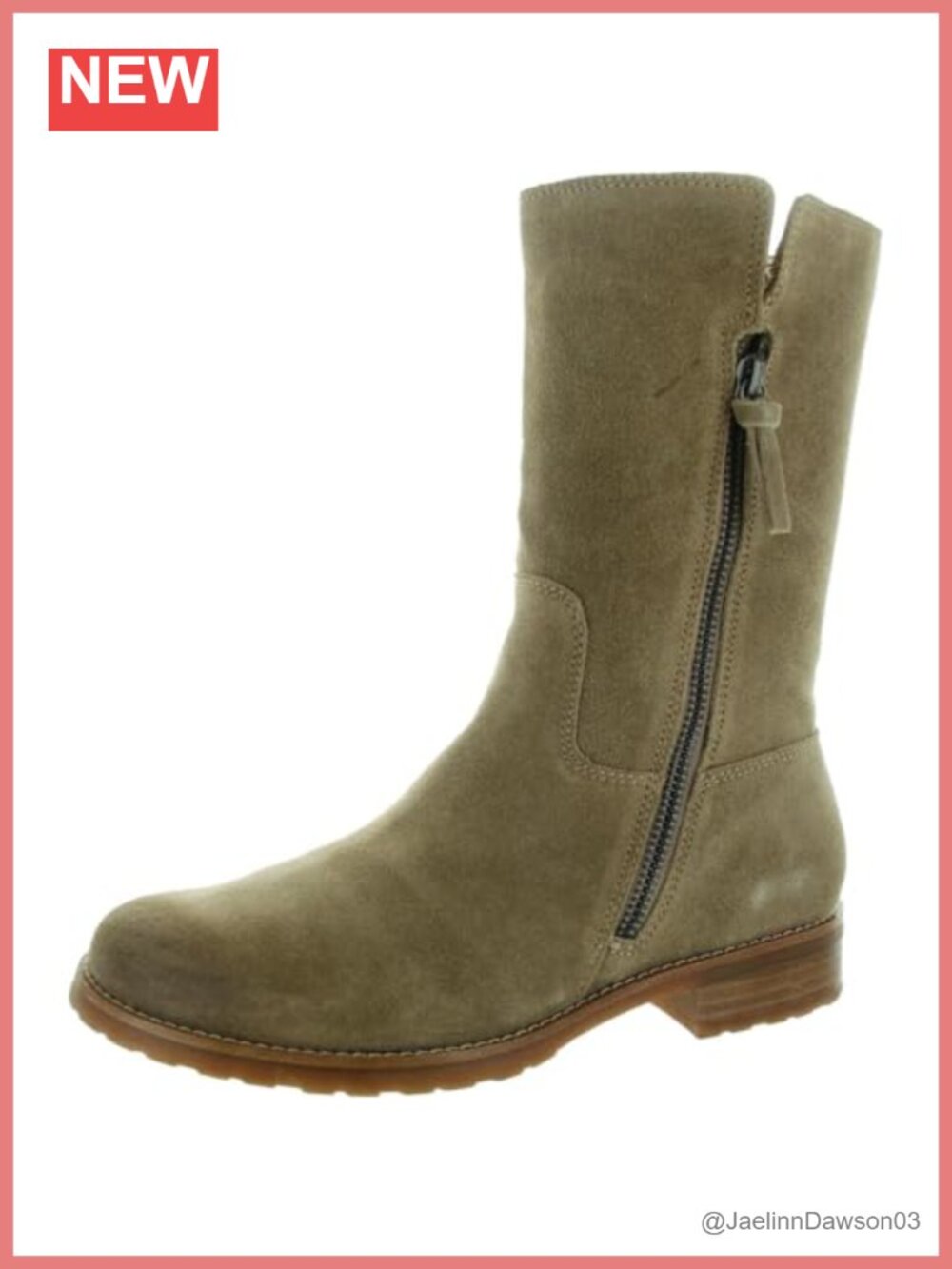 Mid Calf Leather Boots Waterproof Zip Suede Round Toe Block Heel